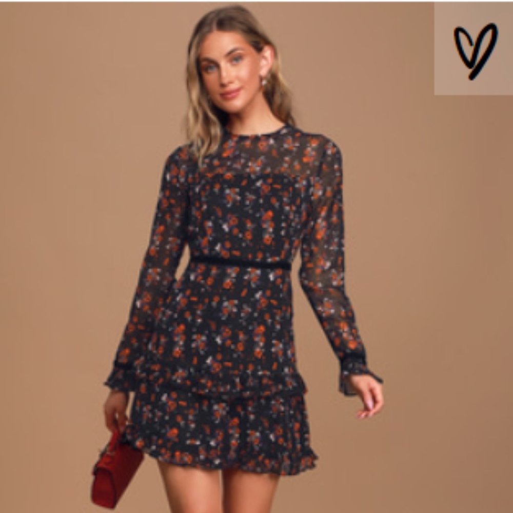 Black Floral Print Long Sleeve Mini Dress